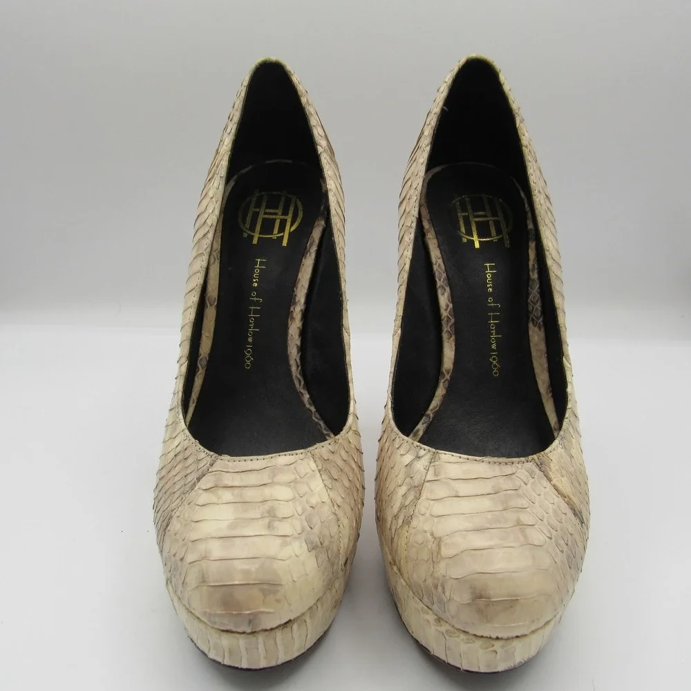 House of Harlow 1960 Platform Pumps Women's 37.5 Beige Snakeskin Embossed